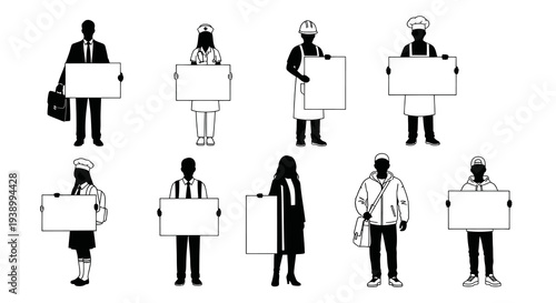 Black and White Silhouette Vector People of Various Professions Holding Blank Signs