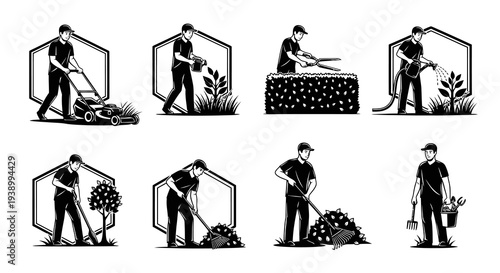 Gardening Landscaping Services Monochrome Line Art Graphic Illustration Set