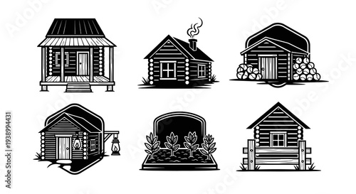 Rustic Cabin  Log House Black  White Vector Illustrations - Nature  Real Estate Icons