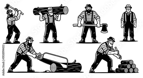 Logging Industry Lumberjack Woodcutters Vintage Black White Line Art Illustration Set