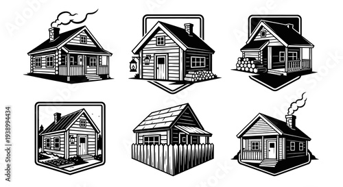 Architecture  Travel: Vintage Black White Line Art Rustic Cabins Log Houses Vector Set
