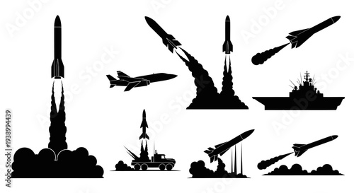 Military Defense Technology Vector Silhouettes: Rockets, Missiles, Jet  Warship Set