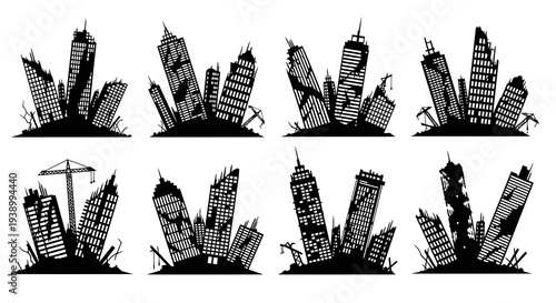 Destroyed City Buildings Silhouette Vector Set - Urban Disaster, Ruin  Aftermath