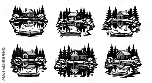 Outdoor Nature Lake Cabin Black  White Line Art Vector Illustration Set