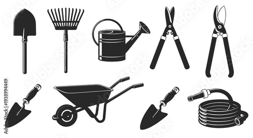 Gardening Tools Collection Black and White Line Art Vector Illustration Set