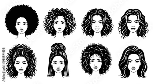 Eight Diverse Women Hairstyles Black and White Line Art Glyphs for Beauty Industry