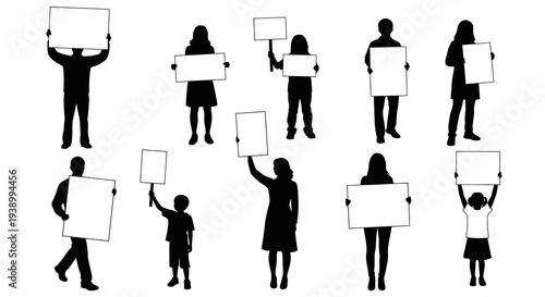 Diverse Silhouette People Holding Blank Signs for Protest, Communication, Awareness