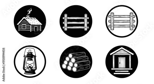 Rustic Outdoor Camping Black and White Line Art Icons Set - Cabin, Fence, Lantern, Logs