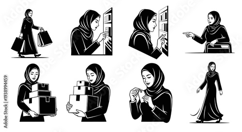 Monochromatic Vector Illustrations: Muslim Women in Retail, E-commerce  Lifestyle