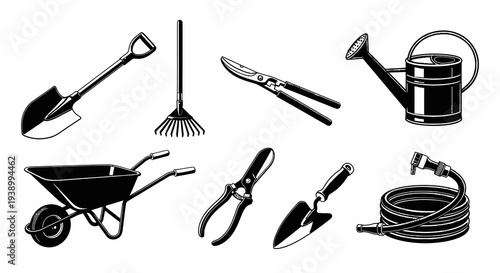 Horticulture Garden Tools Black and White Line Art Vector Set