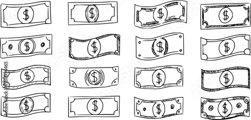 Hand-drawn Black and White Line Art Doodle of Dollar Bills for Finance and Economy Concepts - Money Icon Set Sketch Illustration