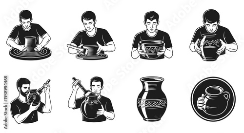 Black and White Vector Illustration of Pottery Craft Process and Ceramic Products