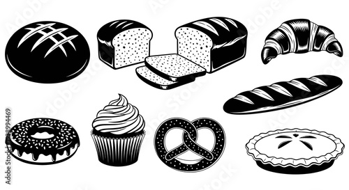 Bakery Food Black  White Line Art Icons Set - Bread, Pastries, Desserts Collection