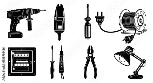 Black and White Electrical Tools and Equipment Vector Glyphs for Construction  Repair