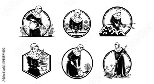 Gardening Activities Black  White Line Art Icons Set featuring Muslim Women