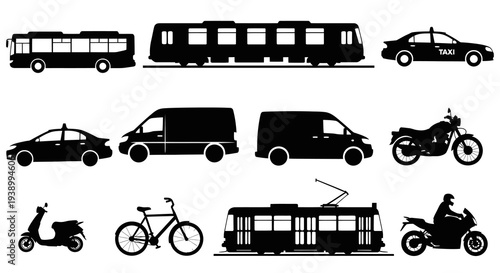 Urban Transport Vehicles Silhouette Icons Set - Car, Bus, Train, Bike, Motorcycle, Van, Tram