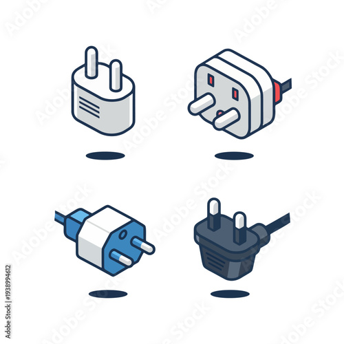 Assorted electrical plugs and travel adapters including EU and UK standards vector.