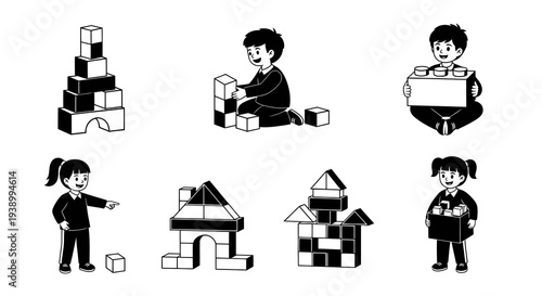 Children Playing with Building Blocks - Childhood Education Black  White Line Art