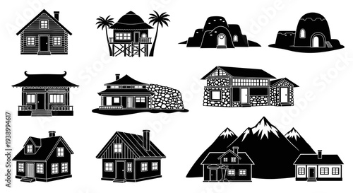 Diverse Housing Architecture: Black  White Glyph Icons of Homes and Dwellings