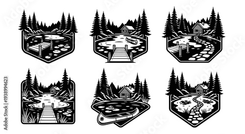Outdoor Wilderness Black  White Line Art: Lakeside Cabin  Forest Vintage Badge Vector
