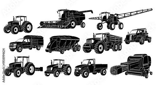 Agriculture Farm Machinery Black  White Silhouette Vector Set Illustration