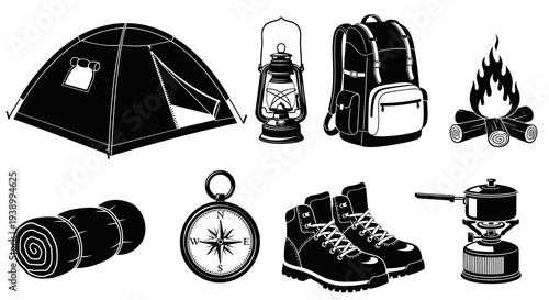 Camping and Hiking Gear Black and White Silhouette Vector Icons Set