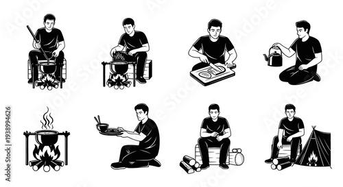 Outdoor Survival Man Cooking, Preparing Food  Tent - Black  White Line Art Illustration