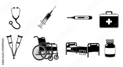 Medical Healthcare Hospital Tools and Equipment Black and White Line Art Icons Set