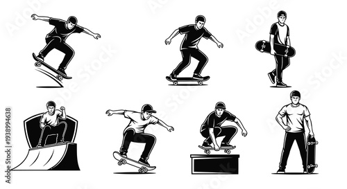 Skateboarding Sports Vector Line Art Illustration Set with Skaters and Boards
