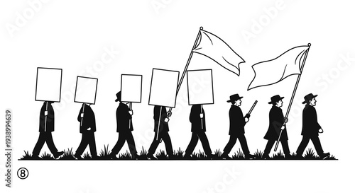 Political Protest March Black  White Line Art of People with Blank Signs and Flags