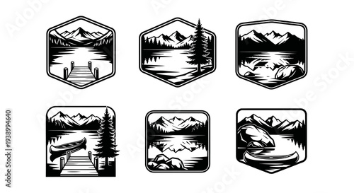 Outdoor Adventure Mountain Lake Monochrome Line Art Badges with Canoes  Pines