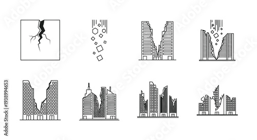 Disaster  Damage Line Art Icons: Ruined Buildings, Collapse, and Cracked Structures