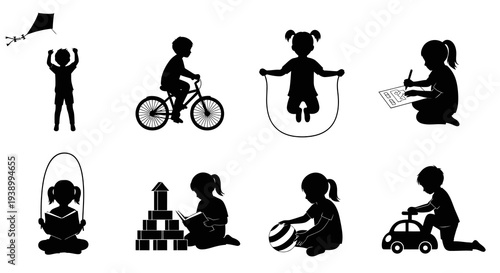Black  White Silhouette Glyphs of Children Playing, Learning, and Activities
