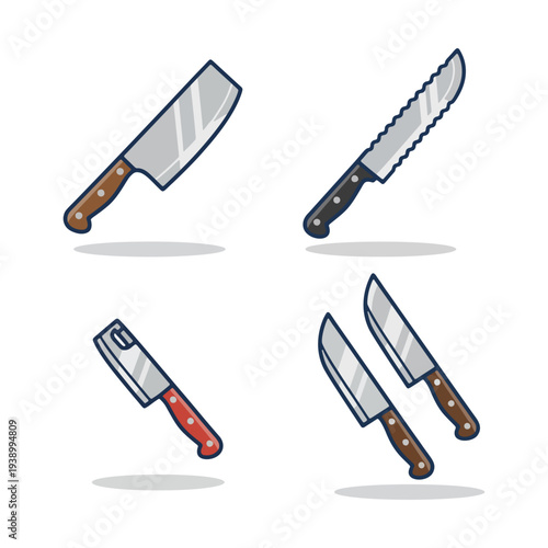 Kitchen knife collection featuring cleaver, chef knife, and paring knife vector.
