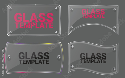 Realistic transparent glass panel template set with metal screws on wooden background, curved and rectangular glass frames for UI design, banners, labels and web layouts