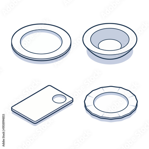 Set of various empty ceramic plates and dishes in round and rectangular shapes.