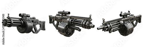 Fotografie Set of Futuristic Heavy Machine Guns and Sci-Fi Gatling Guns Isolated on White B