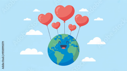 Globe with heart balloons floating in sky with clouds symbolizing love and care for the earth and environment
