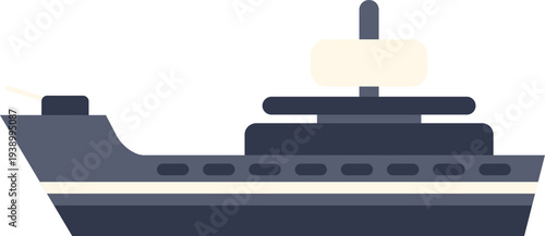 Minimalist vector illustration of a dark grey warship with radar and cannon