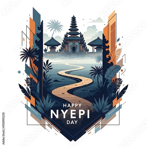 Happy Nyepi Day A Serene Balinese Temple Pathway Amidst Tropical Foliage