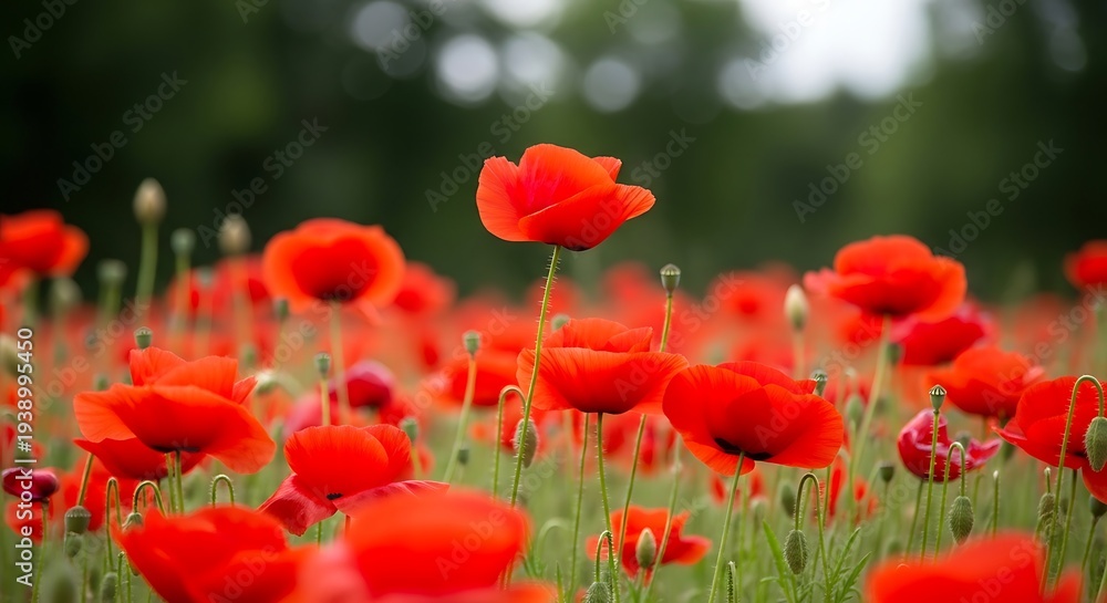 Fototapeta premium Vibrant red poppies in full bloom, creating a stunning natural landscape on a sunny day