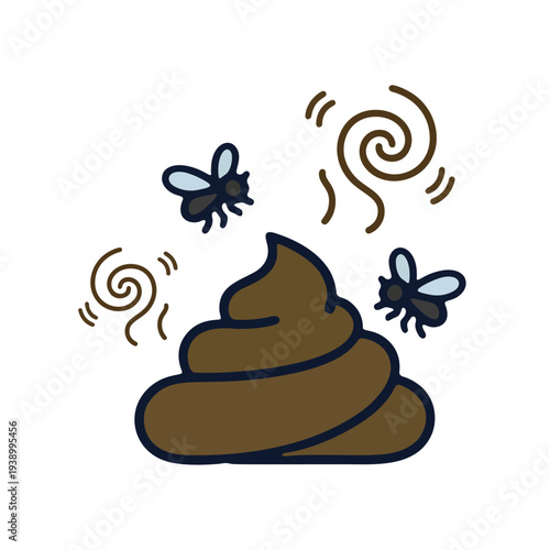 Pile of stinky brown poop with flies and odor lines, funny vector illustration isolated on white