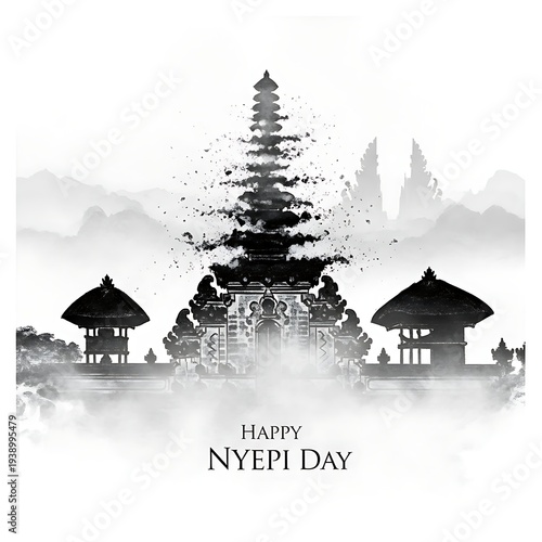 Happy Nyepi Day Greeting with Balinese Temple Silhouette and Foggy Landscape