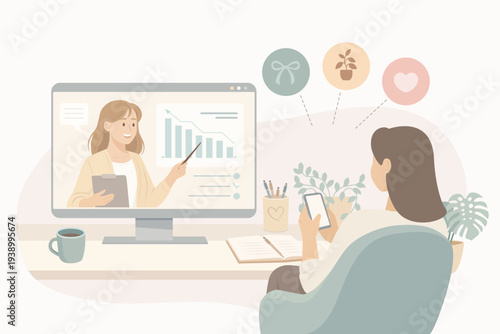 Online coaching session with a female mentor teaching during a virtual meeting on a computer screen while a student watches remotely. Concept of online education, webinar, mentoring and remote learnin