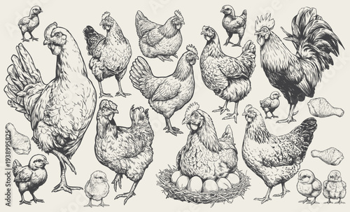 Hand drawn chickens, hens, chicks and eggs vintage engraving line art