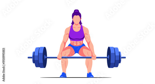 Strong woman performing a barbell deadlift illustration, modern flat design for female strength training, gym workout guides, and athletic empowerment marketing.