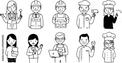 Black and White Line Art of Diverse Professionals: Doctor, Worker, Chef, Engineer, Computer User