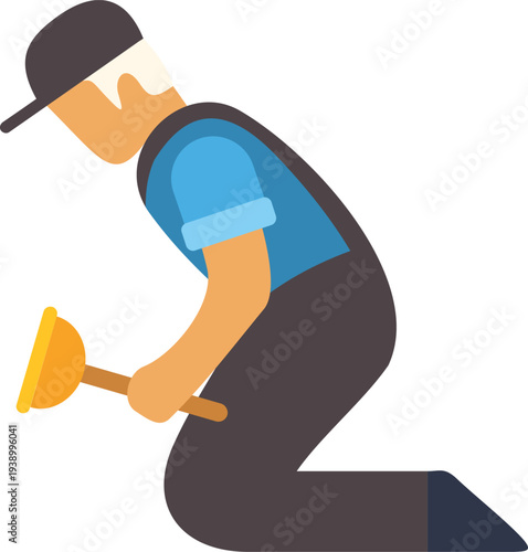 Plumber character working on a clogged drain with a plunger, offering service