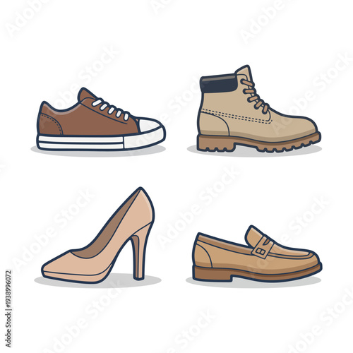 Assortment of shoes including heels, loafers, and boots vector illustration.