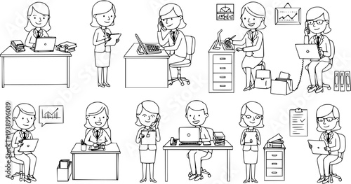 Black and White Line Art of Businesswomen Working at Desks with Laptops and Documents